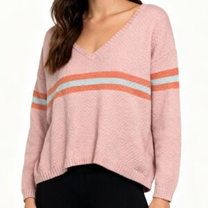 Pink V-Neck Sweater with Stripes